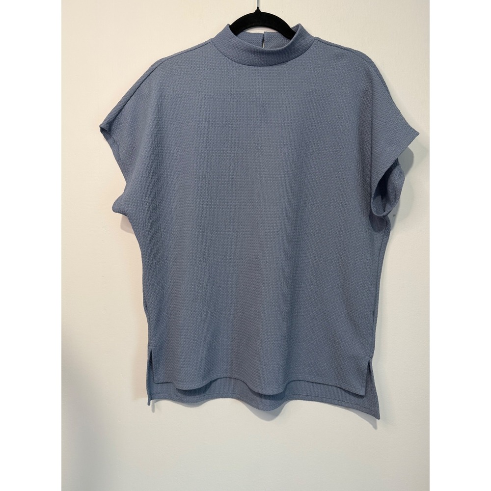 Madison Grey Women Small Blue Textured Mock Neck Cap Sleeve Top Blouse